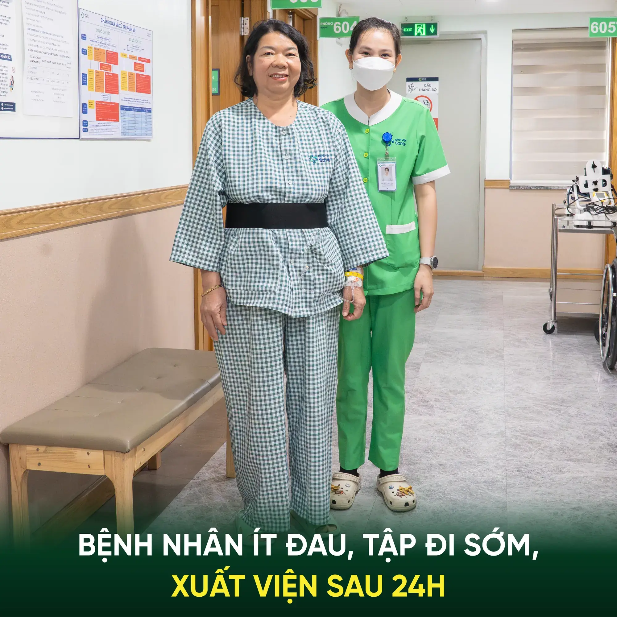 Radiant and comfortably ambulating, Ms. Huong was gracefully discharged just 24 hours following knee replacement surgery at Sante Hospital